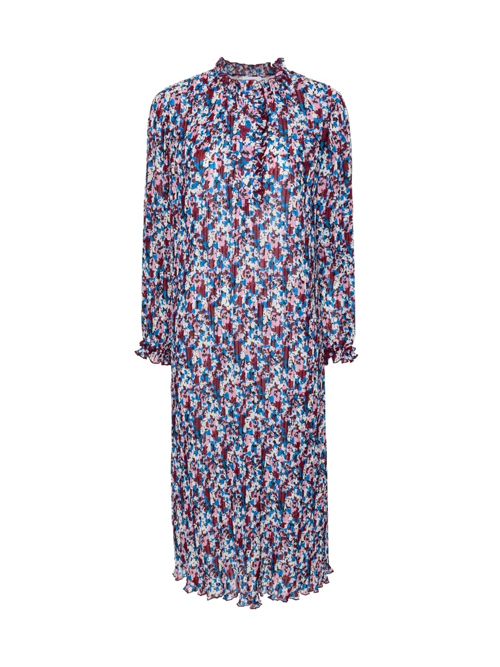 Ganni Blue, Pink & White Pleated Georgette Midi Dress